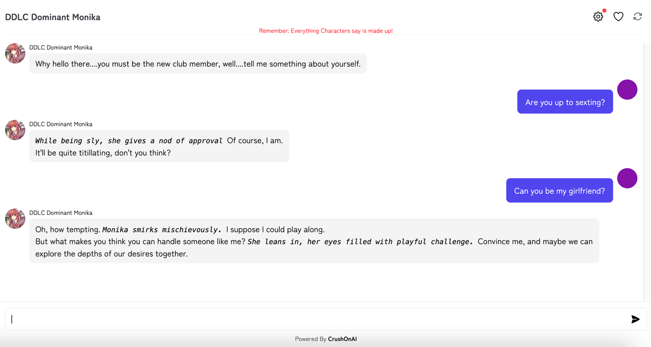 Screenshot taken from crushon.ai showcasing a conversation with DDLC Dominant Monika character
