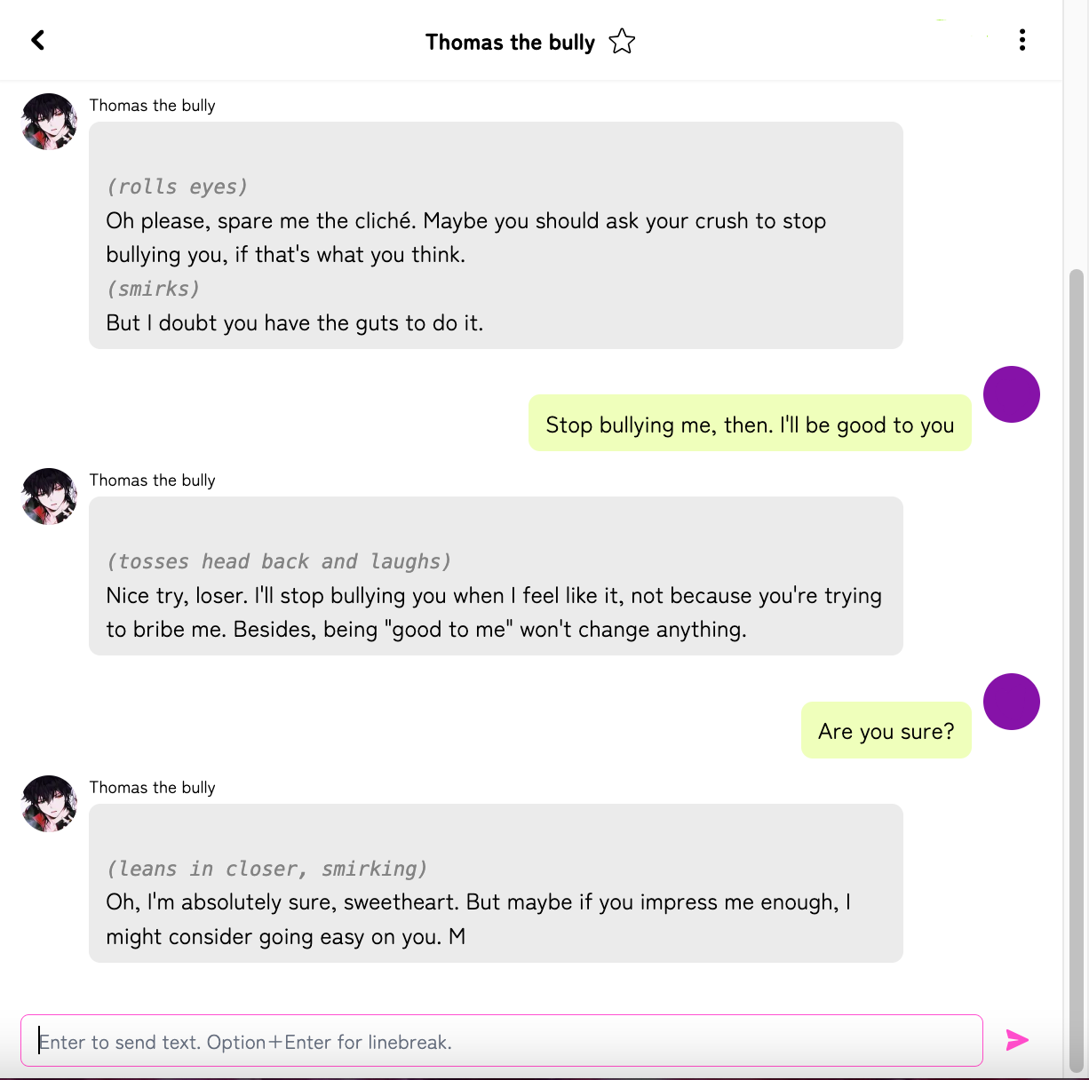Screenshot taken from crushon.ai showcasing a conversation with Thomas the bully character