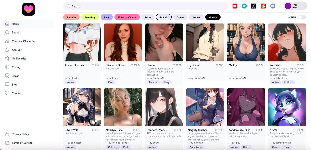 Screenshot taken from crushon.ai showcasing a variety of female characters